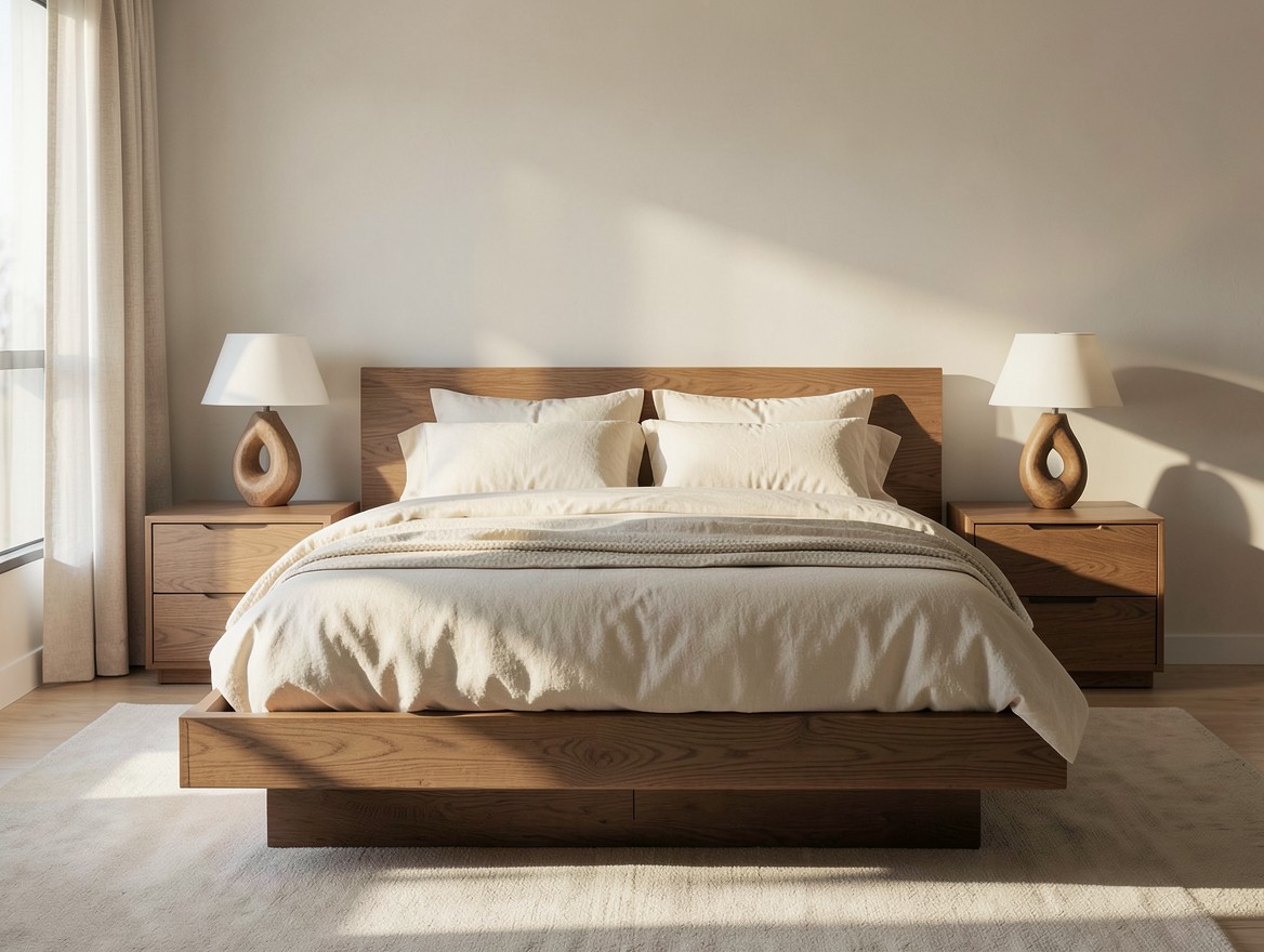Recámara serena con cama de madera y textiles claros